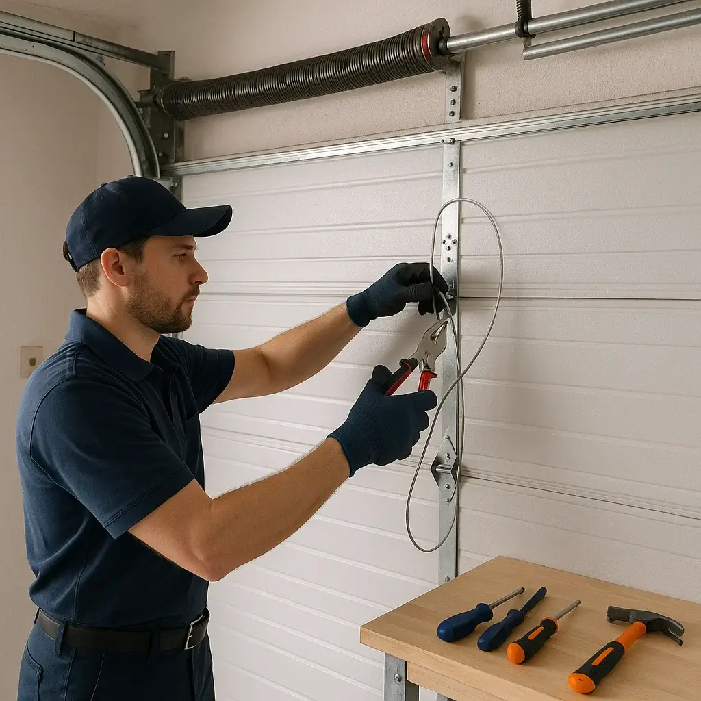 Technician in navy uniform replacing damaged garage door cable in Shavano Park TX