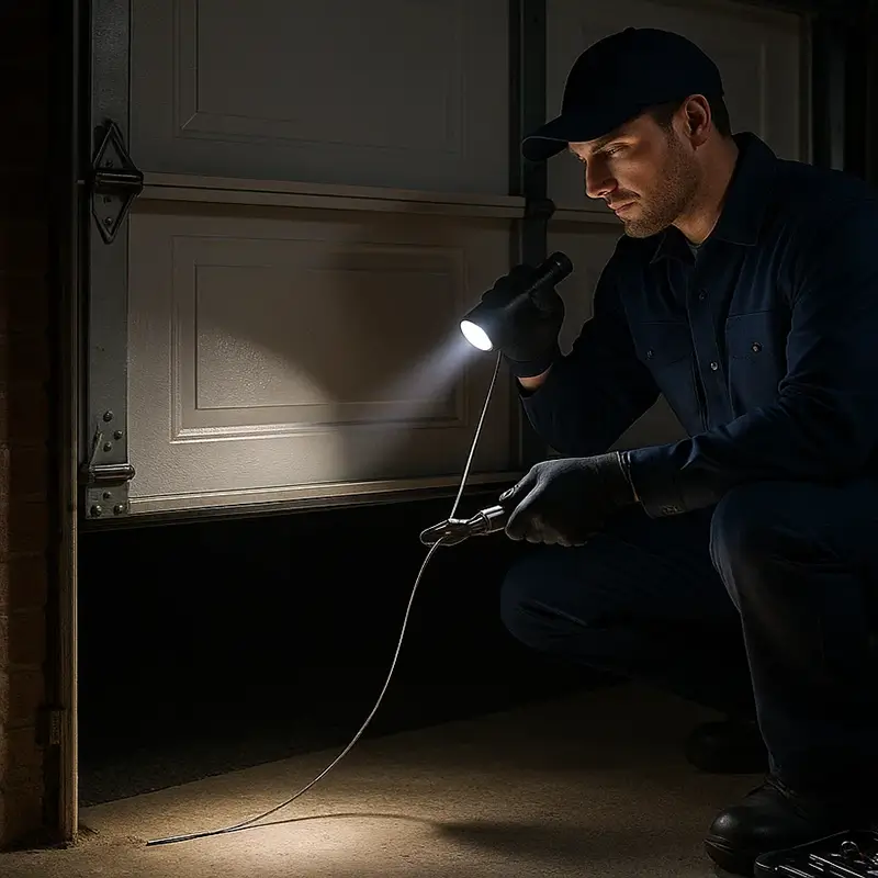 Technician in navy uniform fixing broken garage door cable during emergency service in Shavano Park TX