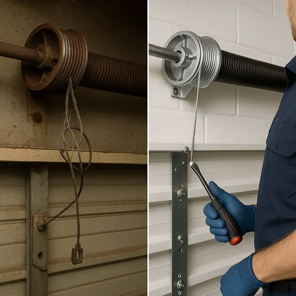 Before and after comparison of garage door cable repair in Shavano Park TX
