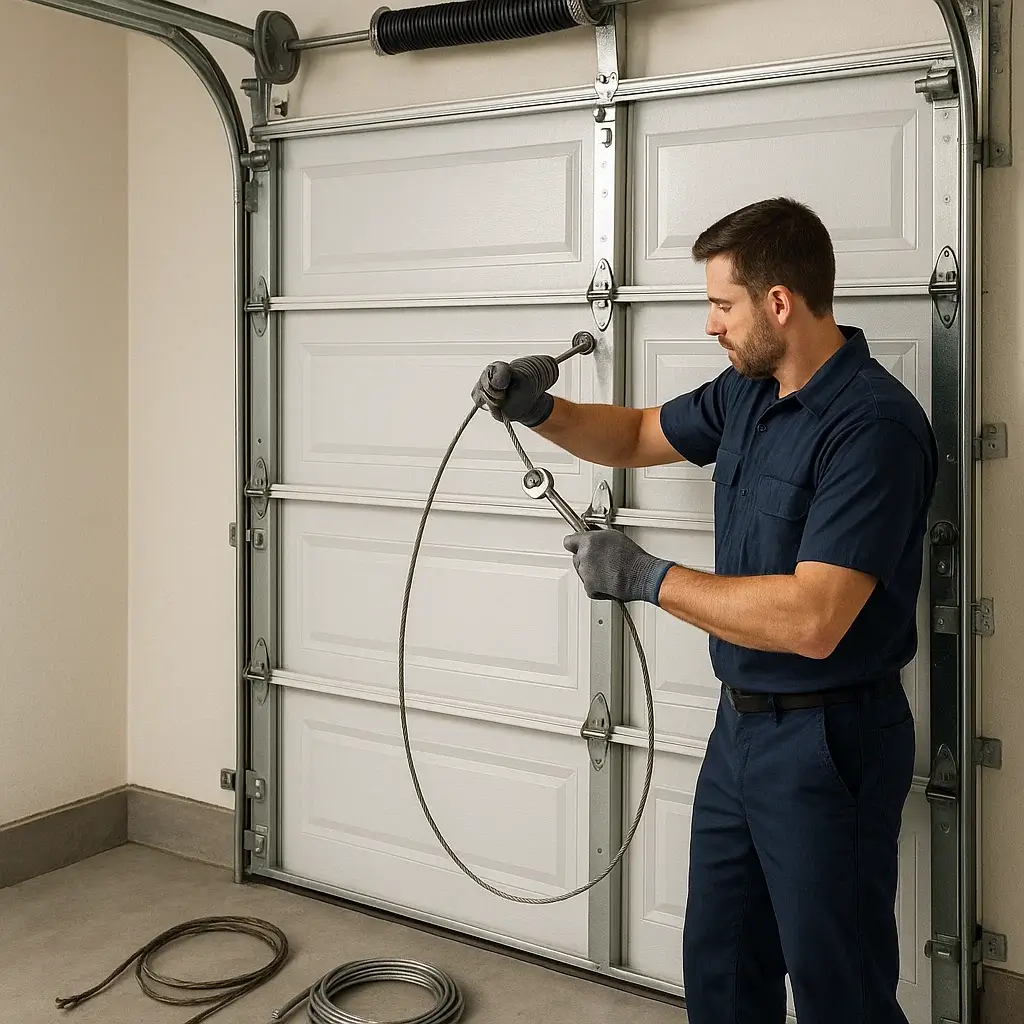 Technician in navy uniform repairing garage door cable in Shavano Park TX