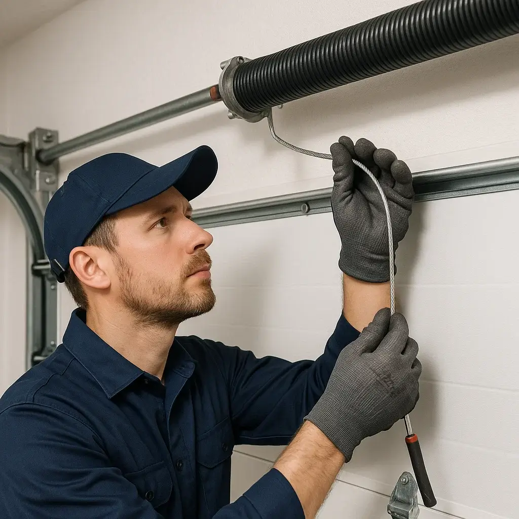 Technician in navy uniform inspecting garage door cable and spring safely in Shavano Park TX