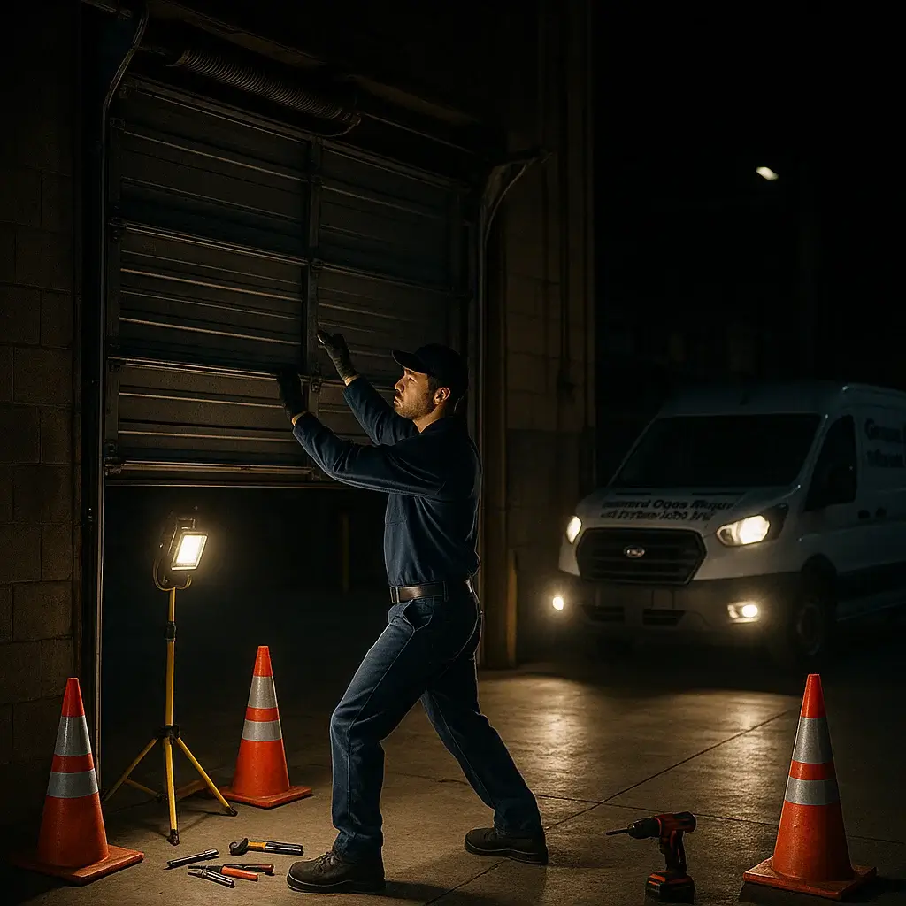 Technician performing emergency commercial garage door repair at night in Shavano Park TX