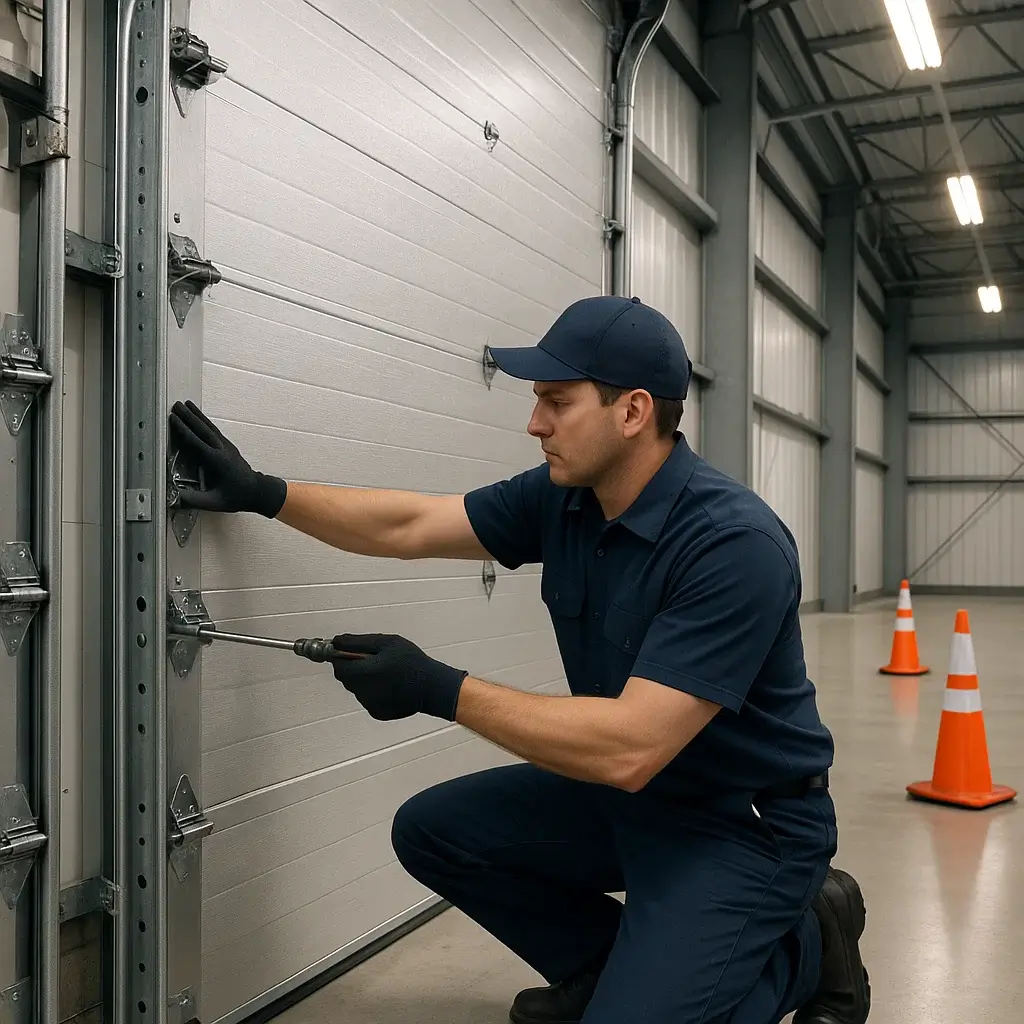 Technician installing large commercial garage door in Shavano Park TX