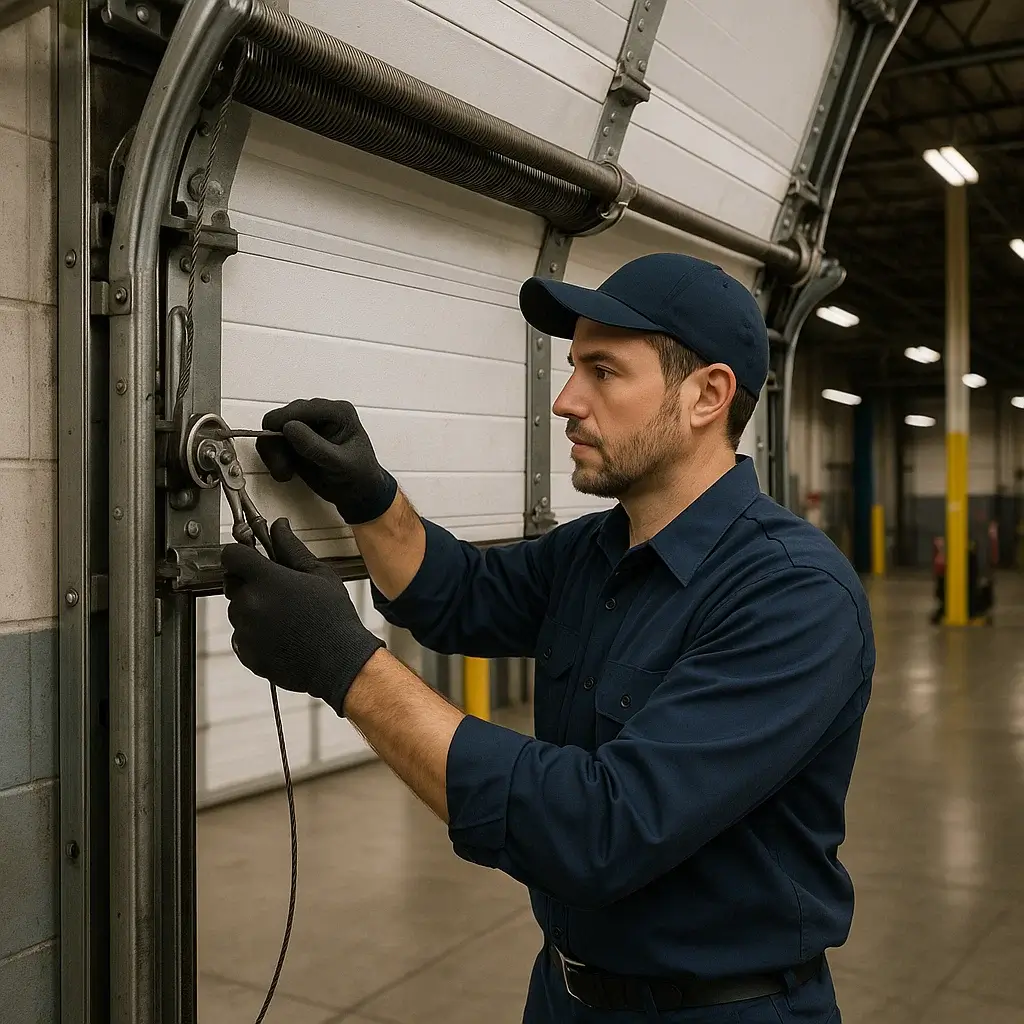 Technician repairing commercial steel garage door in Shavano Park TX