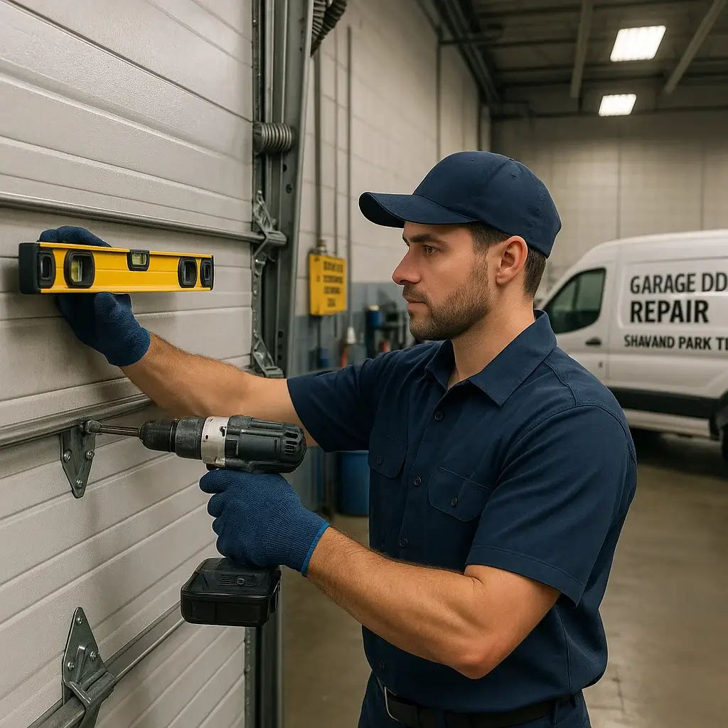 Technician inspecting commercial garage door at warehouse in Shavano Park TX