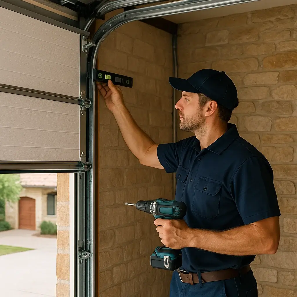 Technician completing affordable garage door installation in Shavano Park TX