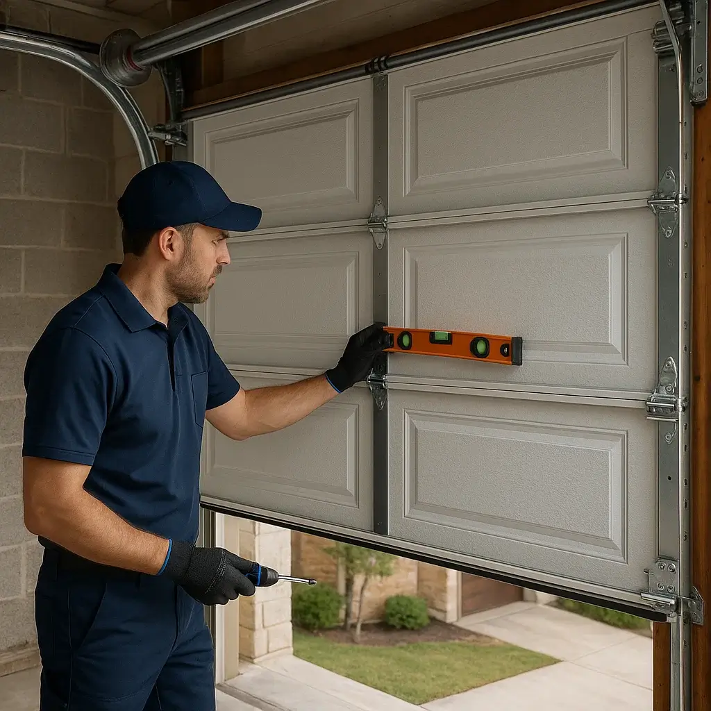 Technician testing insulated steel garage door installation in Shavano Park TX