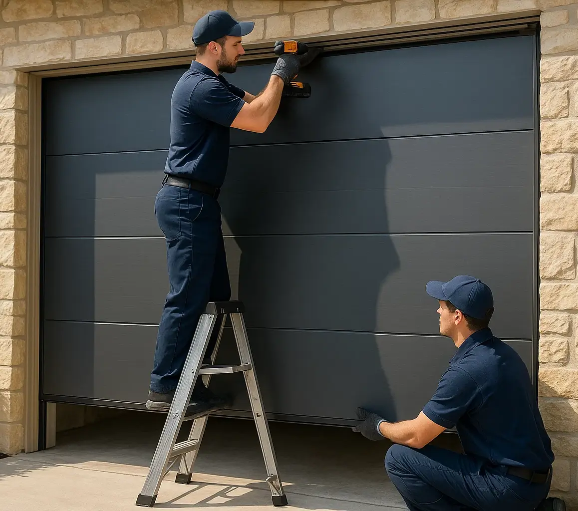 Technicians installing modern steel garage door in Shavano Park TX