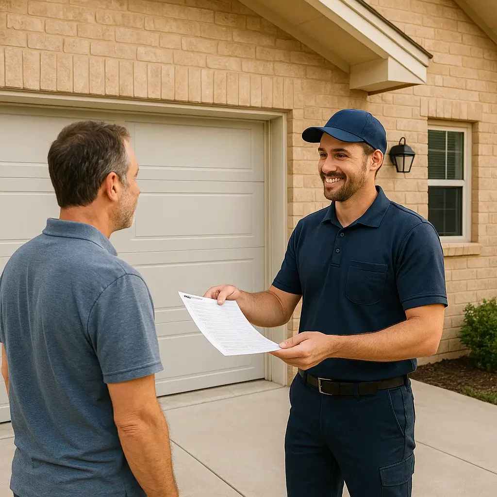 Technician performing garage door maintenance in Shavano Park TX