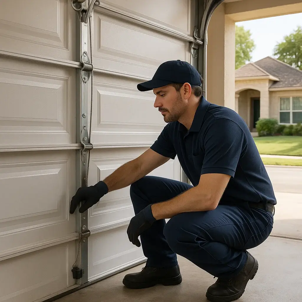 Technician inspecting rollers and sensors during garage door maintenance in Shavano Park TX