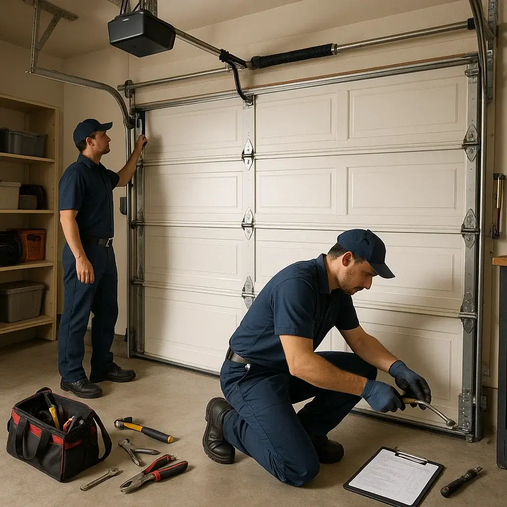 Technician inspecting and maintaining sectional garage door in Shavano Park TX