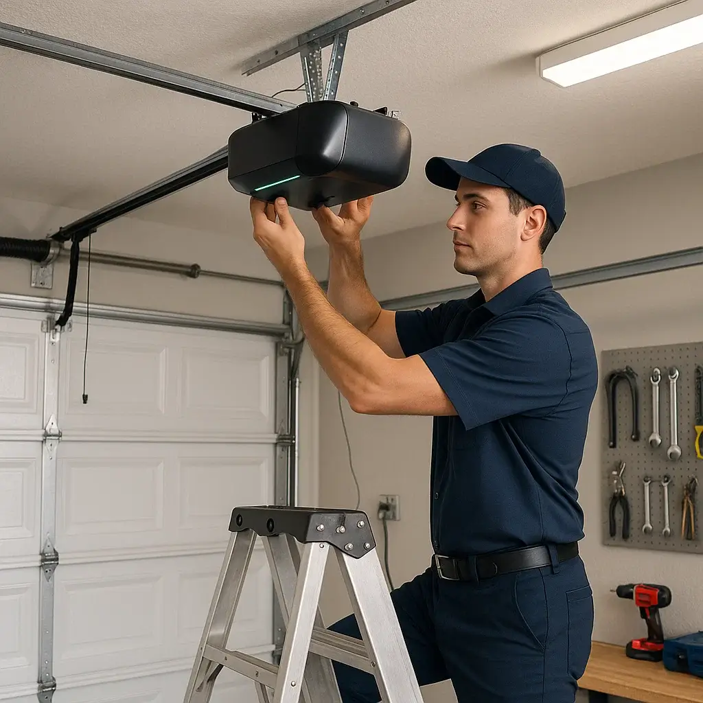 Technician installing smart Wi-Fi garage door opener in Shavano Park TX