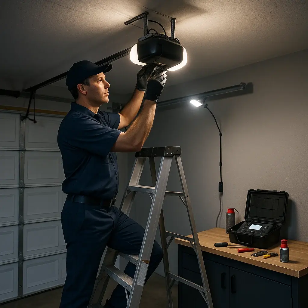 Technician performing emergency garage door opener maintenance in Shavano Park TX