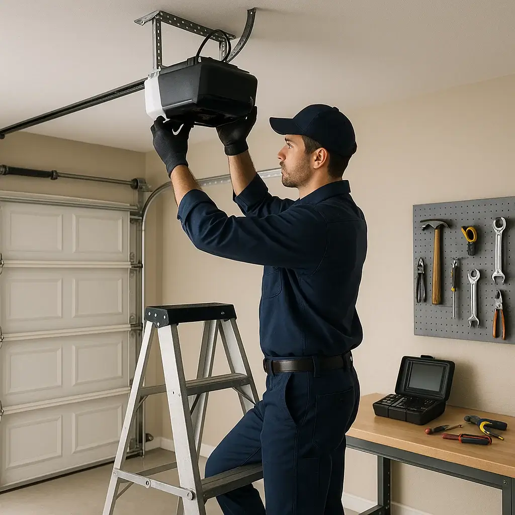 Technician repairing garage door opener motor in Shavano Park TX
