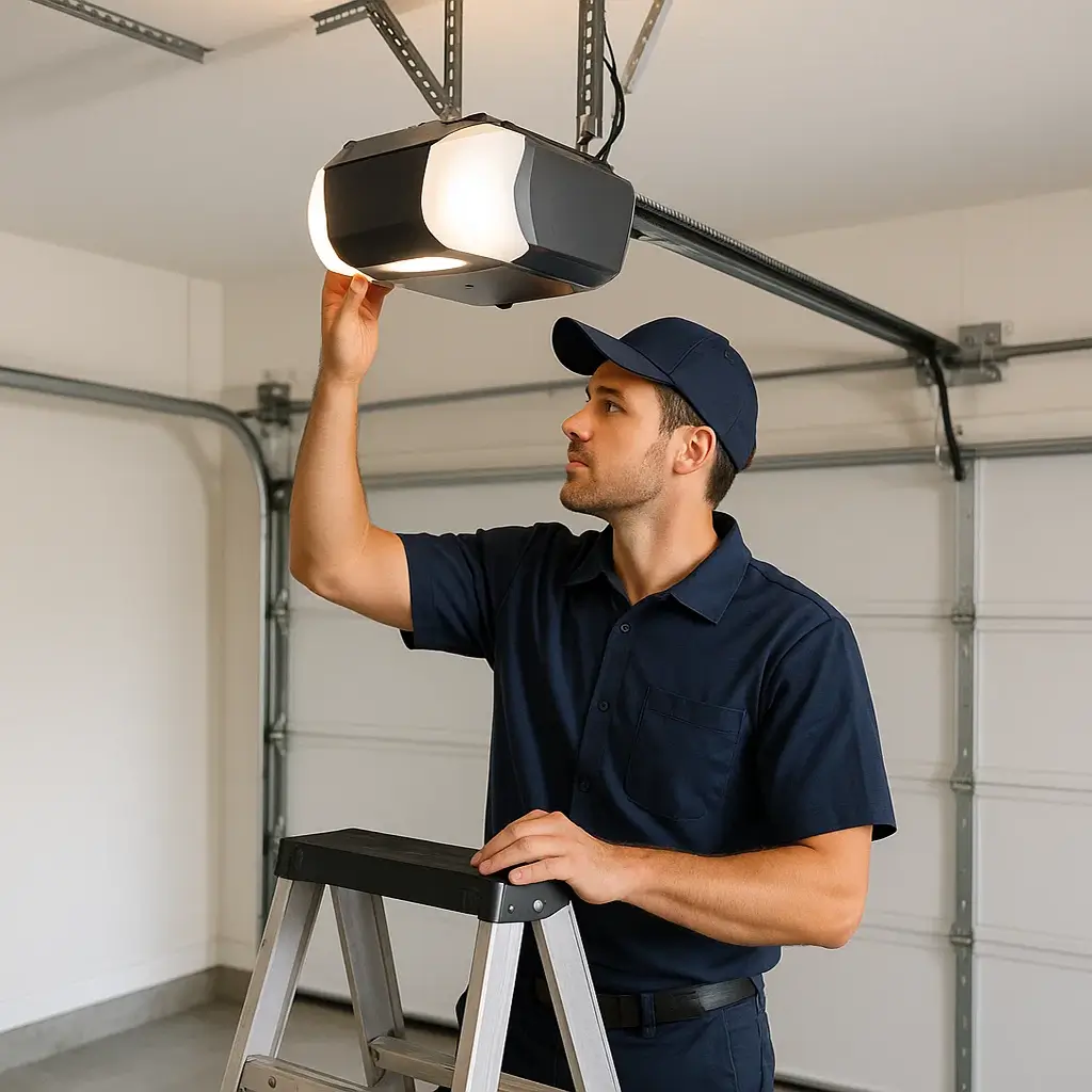 Technician inspecting modern smart garage door opener in Shavano Park TX