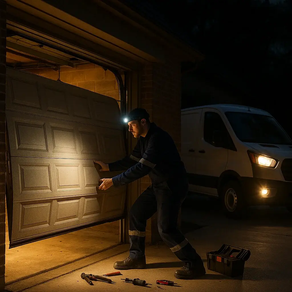 Emergency technician fixing garage door at night in Shavano Park TX