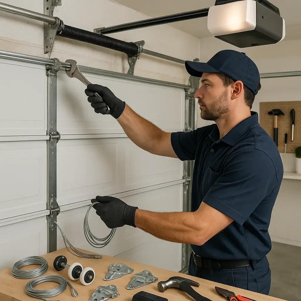 Technician replacing torsion spring and parts on garage door in Shavano Park TX