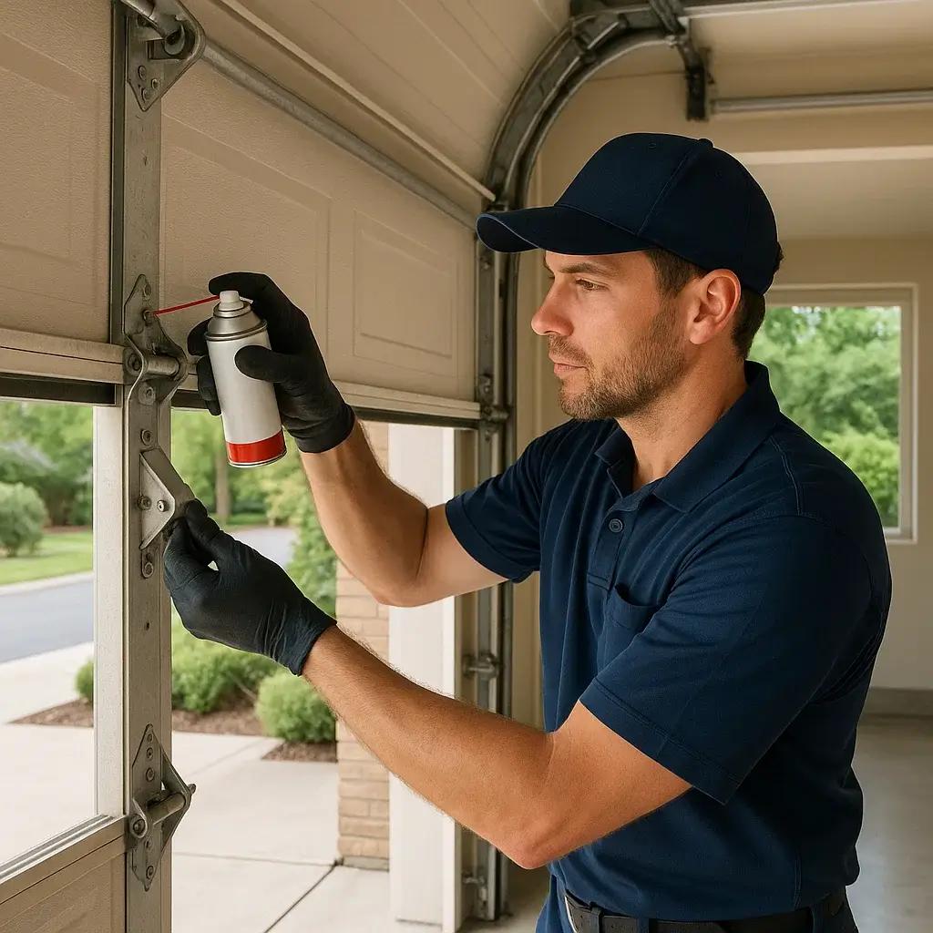 Technician performing garage door maintenance in Shavano Park TX