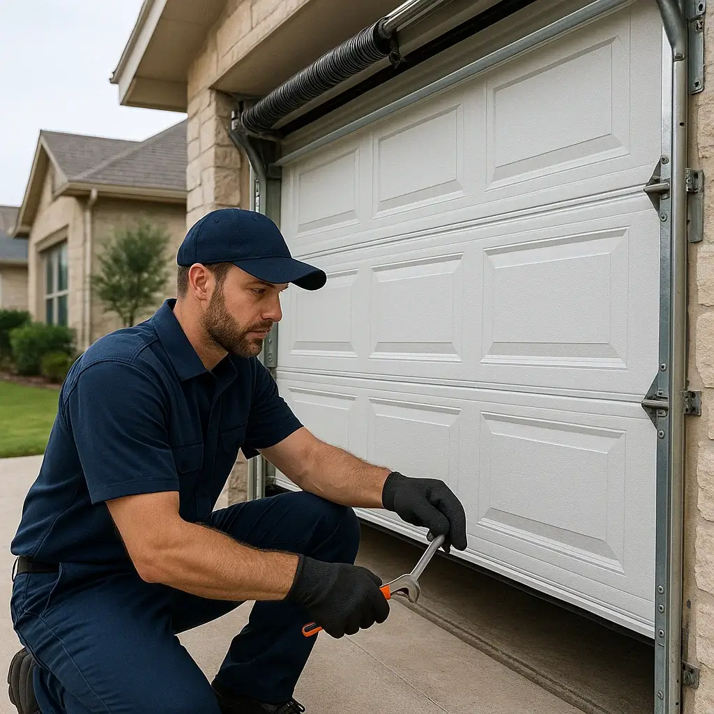 Technician repairing a modern residential garage door in Shavano Park TX