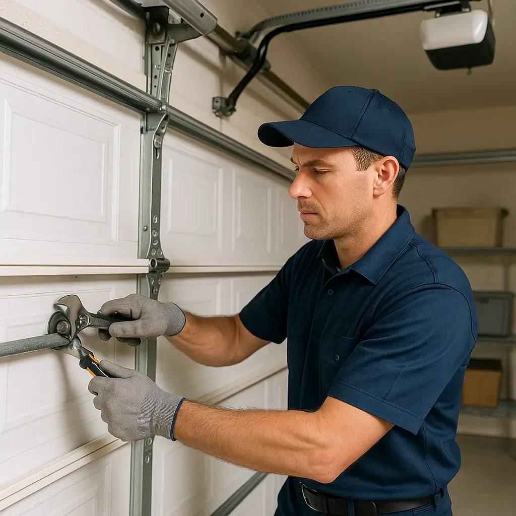 Technician repairing and maintaining residential garage door in Shavano Park TX