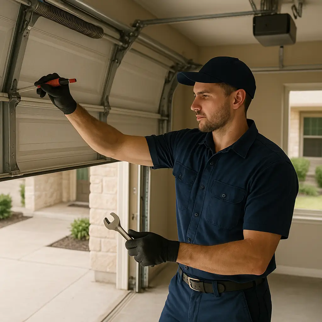 Technician servicing residential garage door in Shavano Park TX