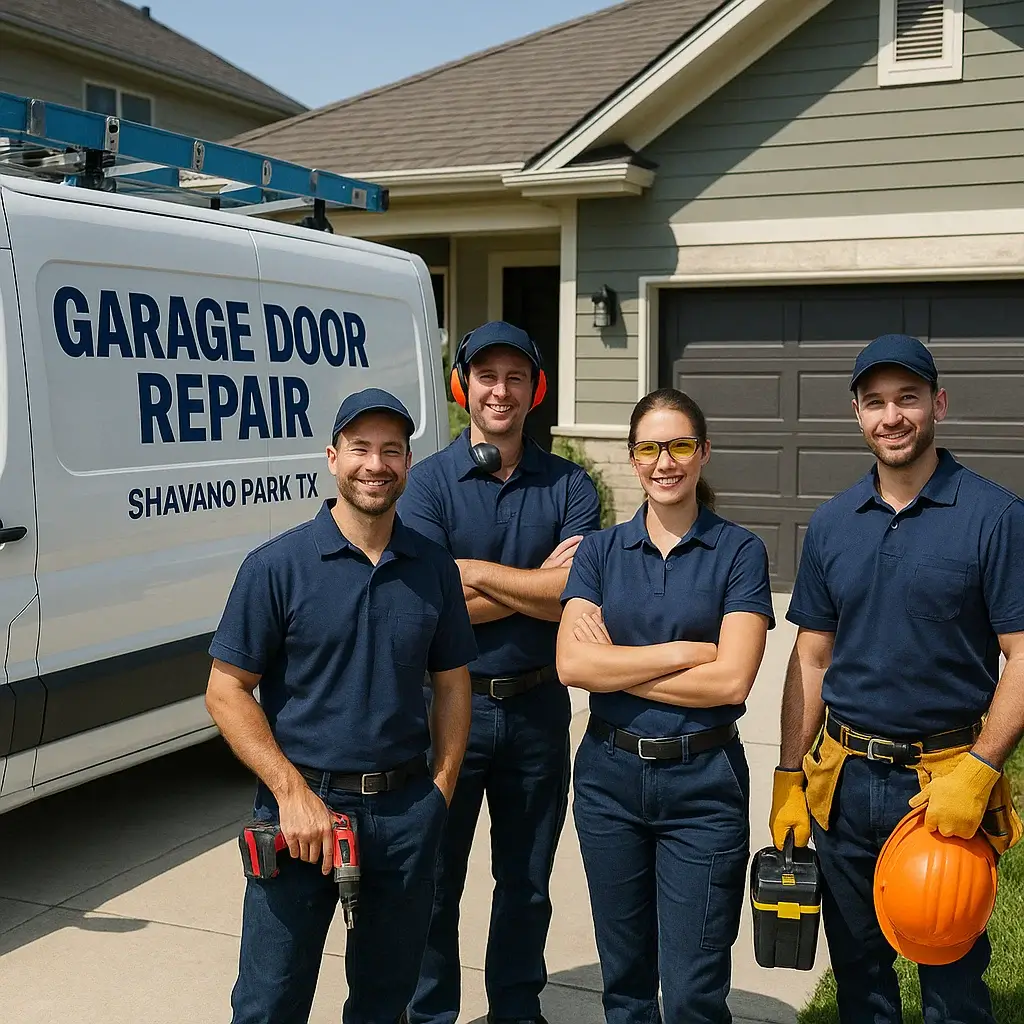 Professional garage door team in front of suburban home in Shavano Park TX