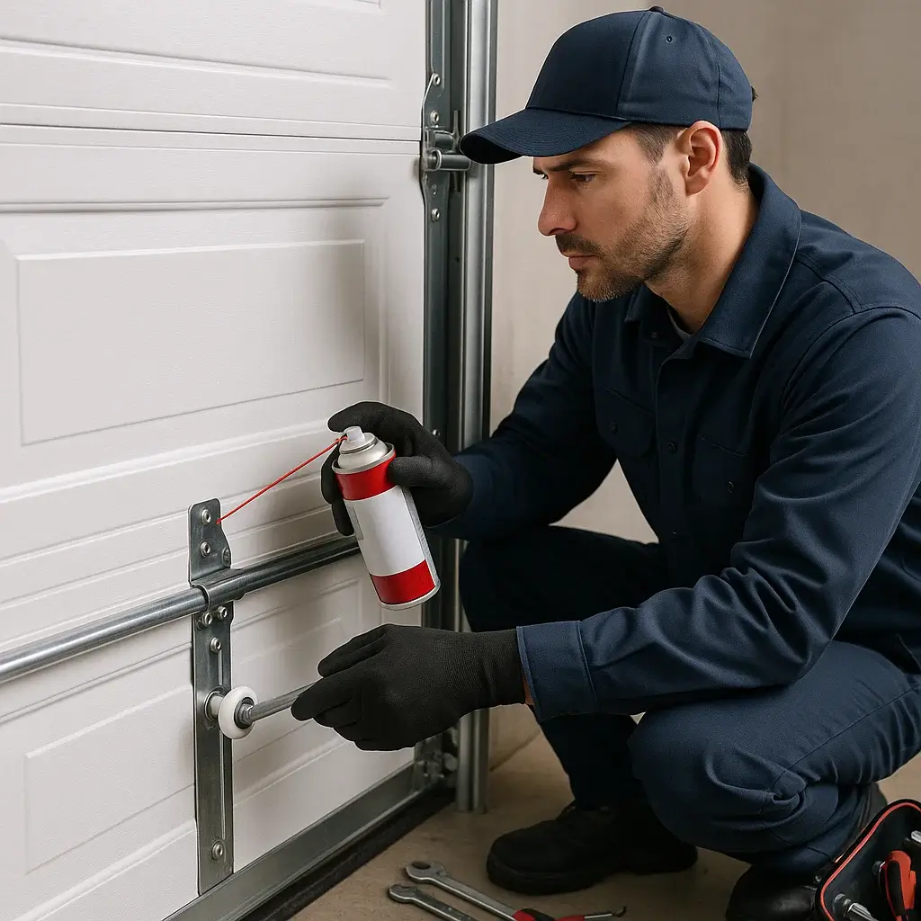 Technician inspecting and lubricating garage door rollers in Shavano Park TX