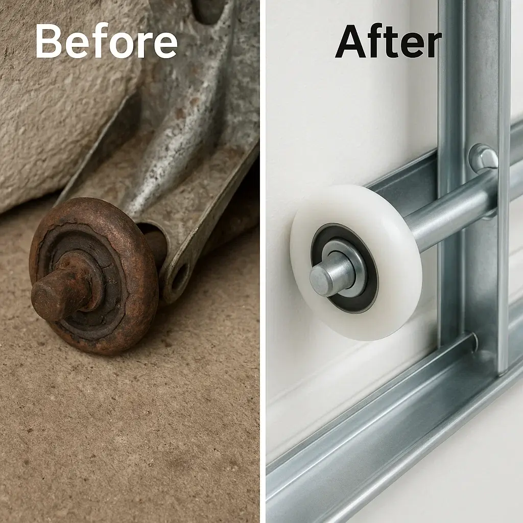 Before and after comparison of old and new garage door rollers in Shavano Park TX