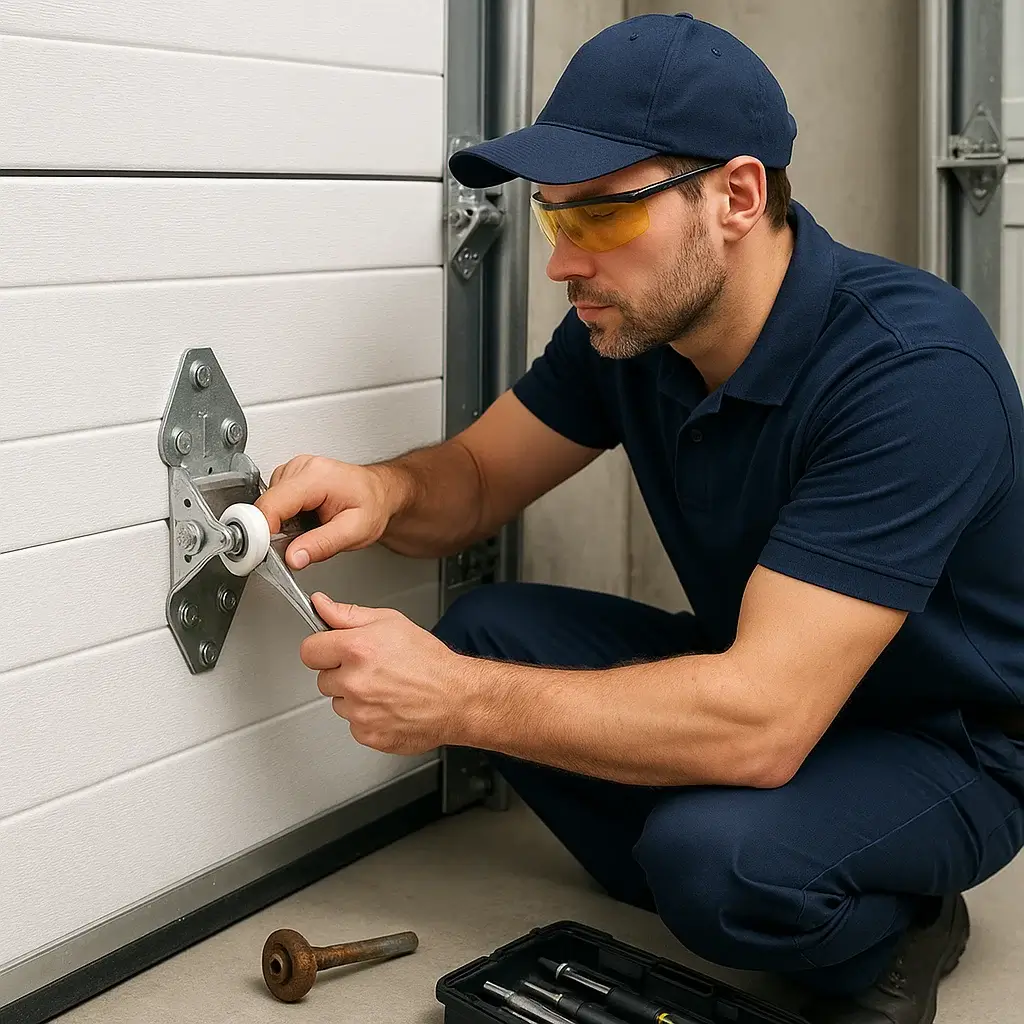  Technician in navy uniform replacing worn garage door roller in Shavano Park TX