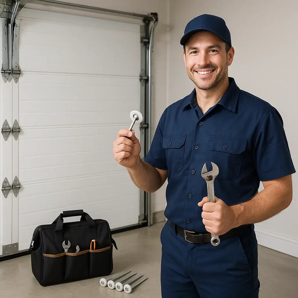 Technician in navy uniform holding new garage door roller beside white garage door in Shavano Park TX