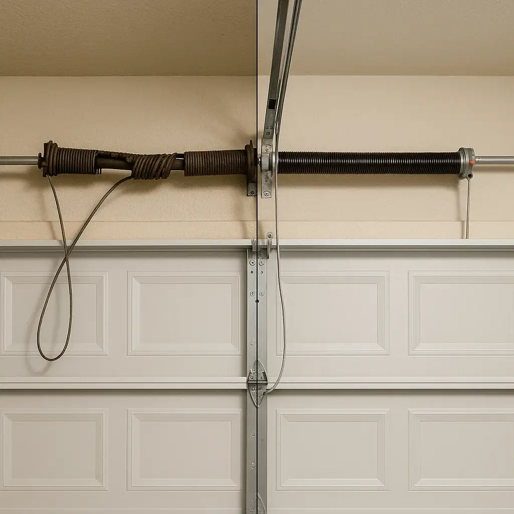Before and after upgrade of garage door spring in Shavano Park TX