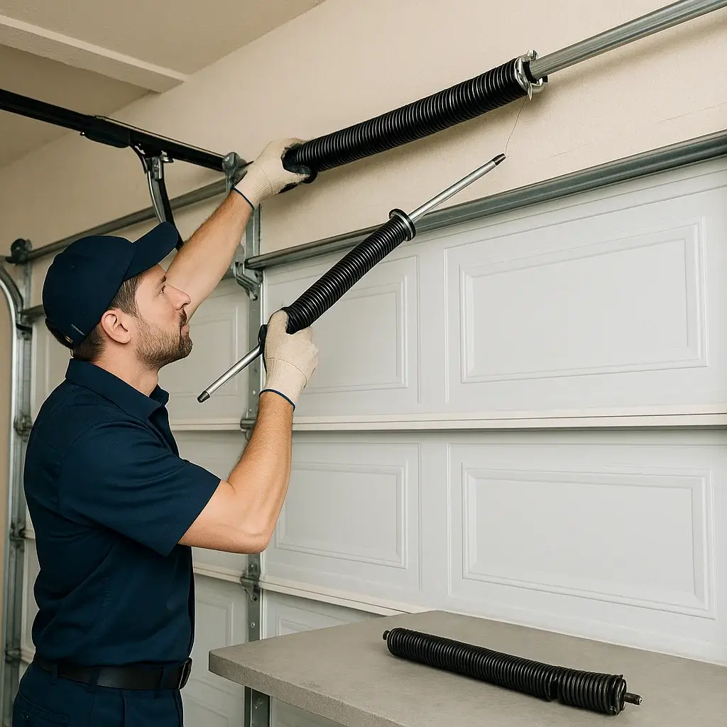Technician replacing broken torsion spring on garage door in Shavano Park TX