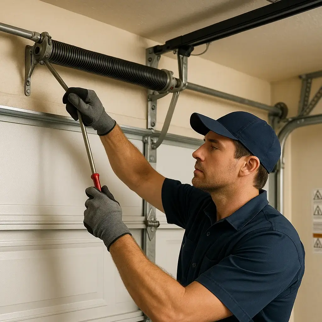 Technician testing and adjusting torsion spring on garage door in Shavano Park TX
