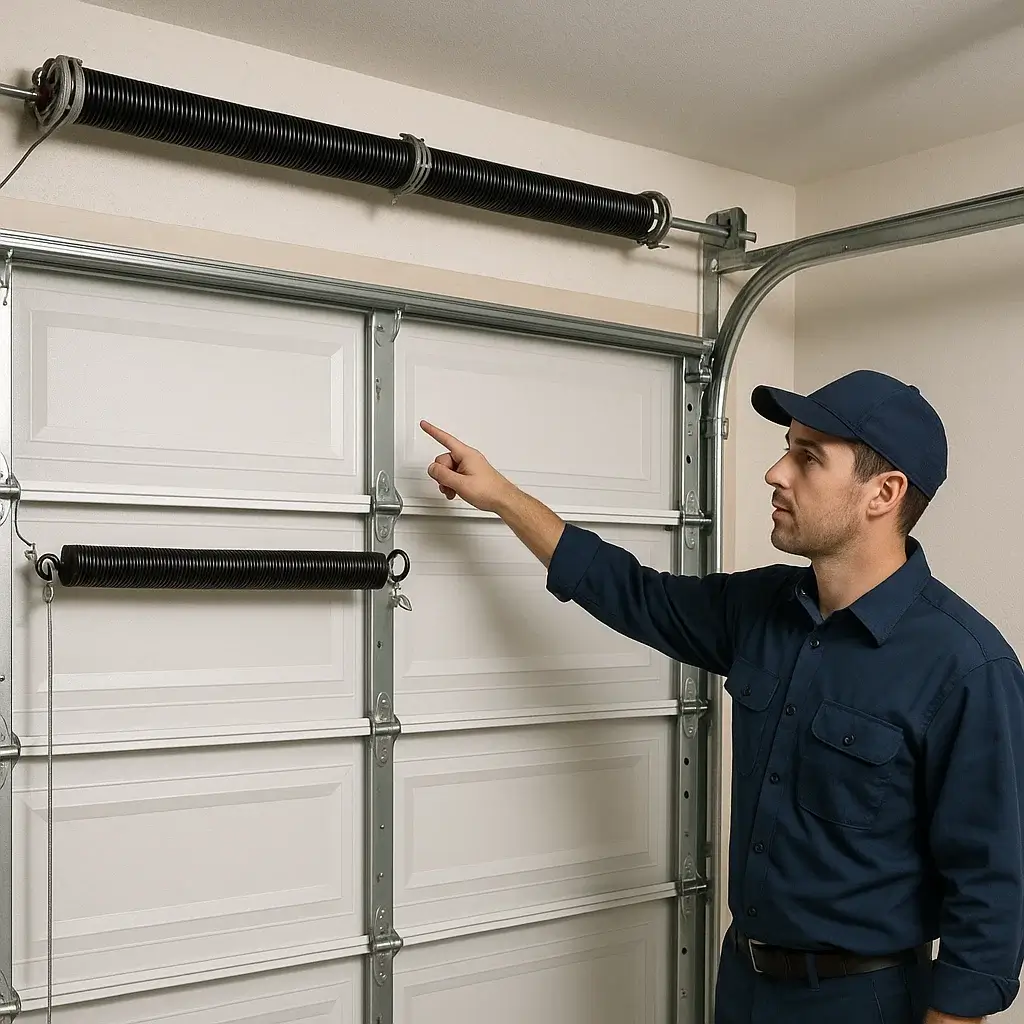 Technician showing torsion and extension garage door springs in Shavano Park TX