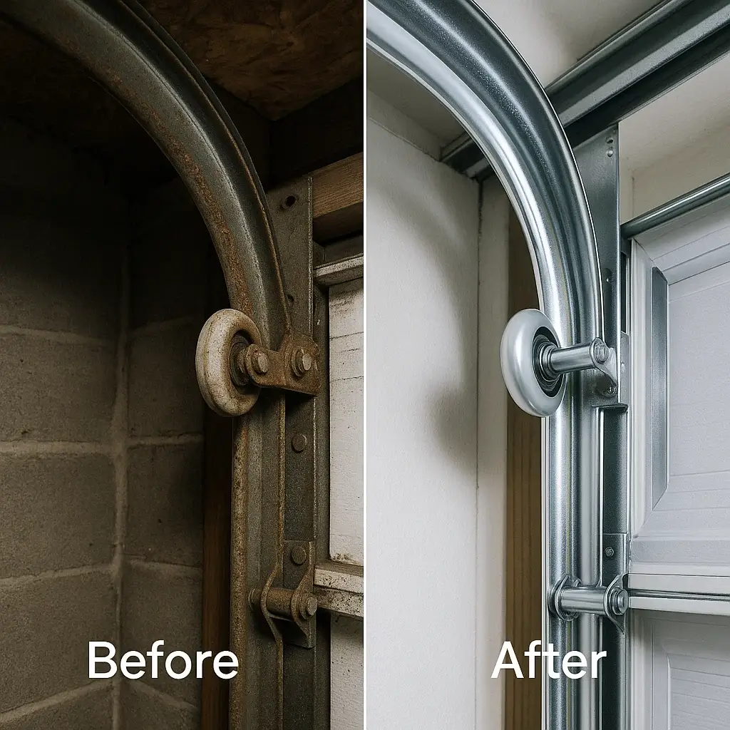 Before and after comparison of garage door track repair in Shavano Park TX