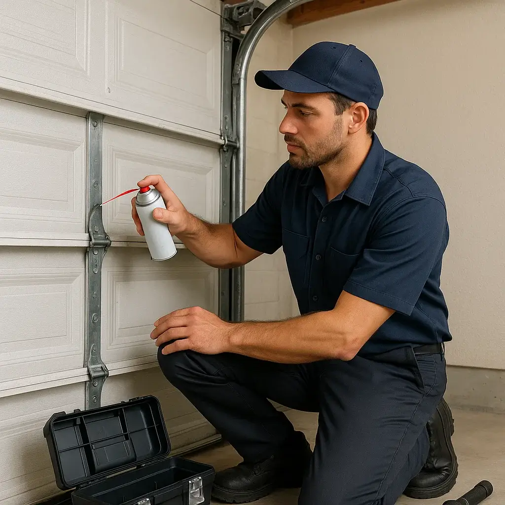 Technician cleaning and lubricating garage door track in Shavano Park TX