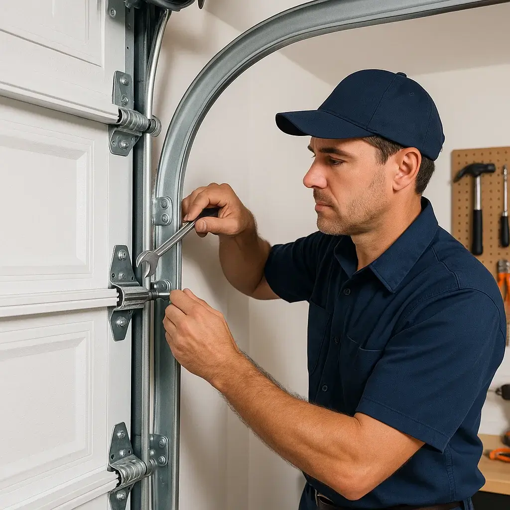 Technician realigning and adjusting garage door track in Shavano Park TX