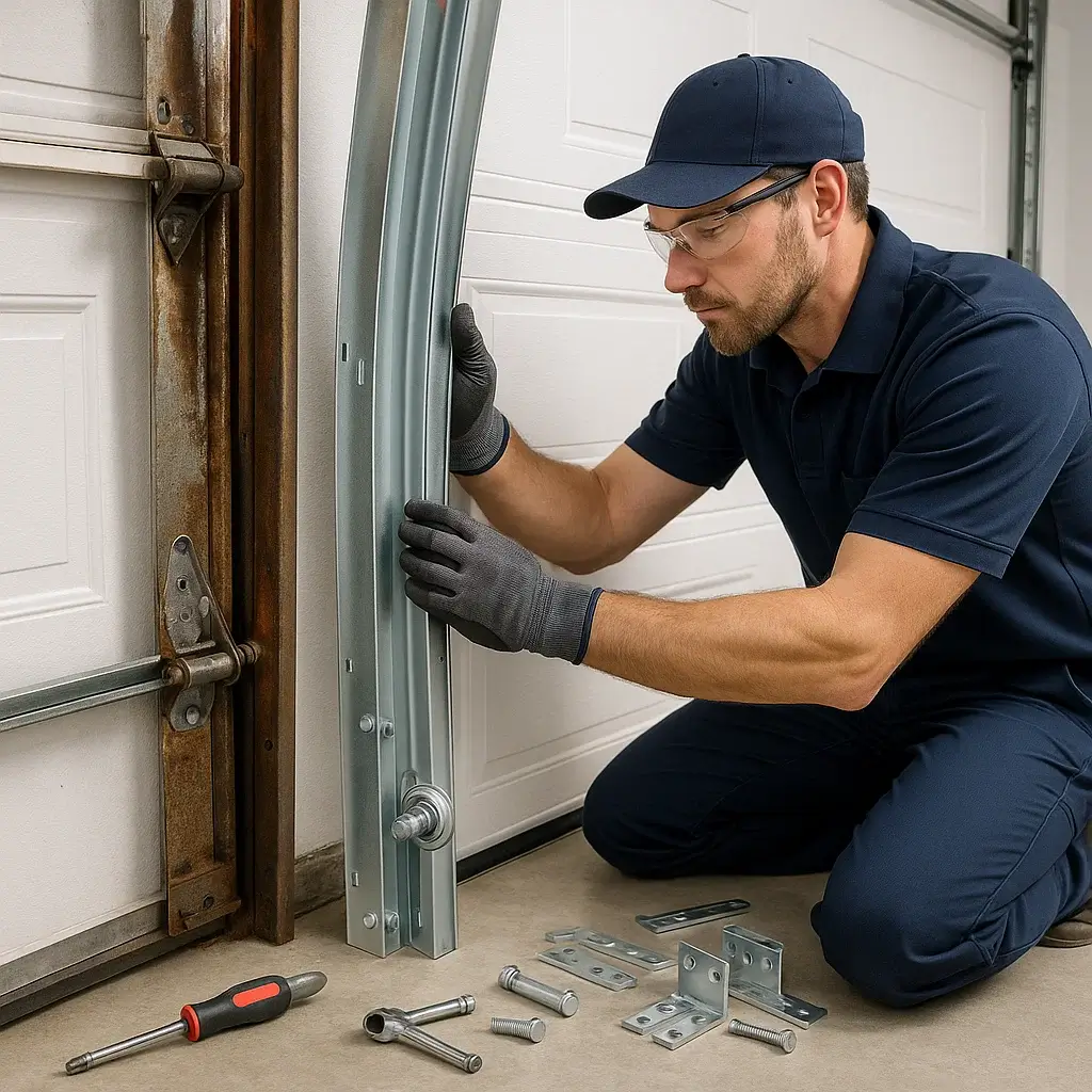 Technician replacing old garage door track with new steel rail in Shavano Park TX